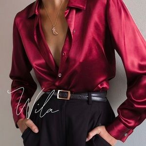 Satin button up blouse collared red maroon